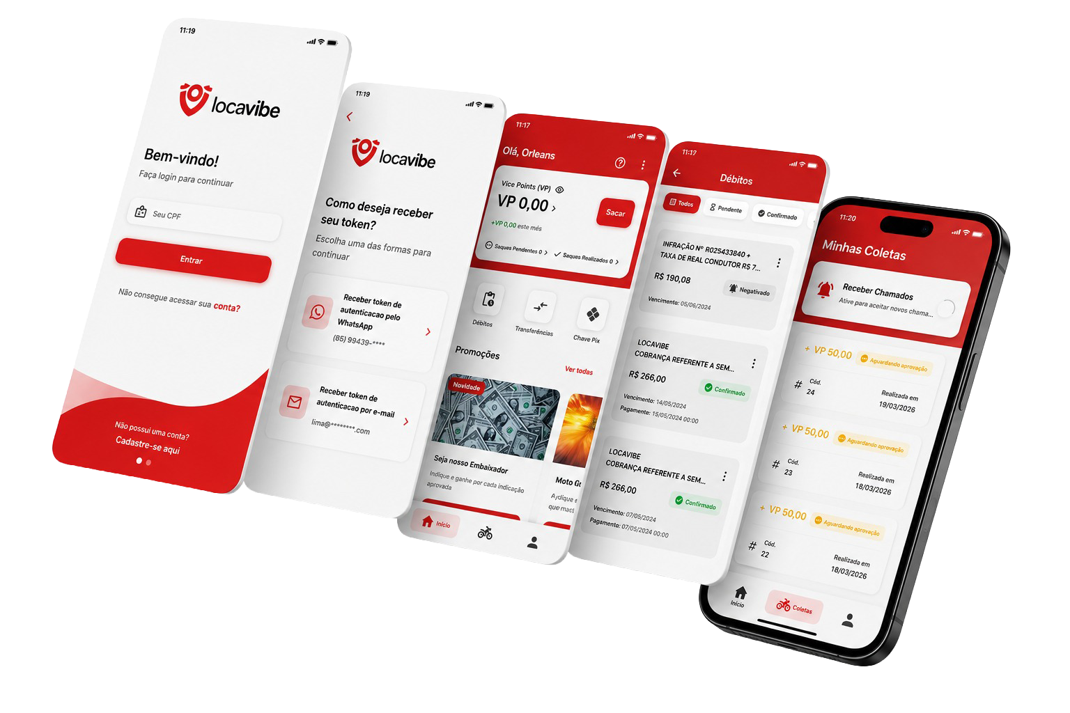 Telas do aplicativo Locavibe mostrando login e painel de locações