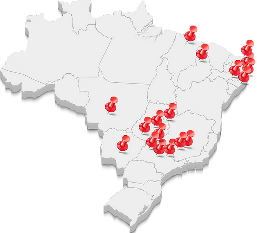 Mapa do Brasil com marcadores vermelhos nas cidades atendidas pela Locavibe